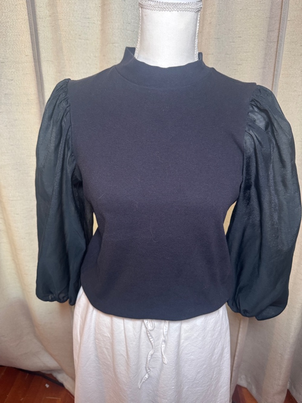 Black Puff-Sleeve Mock Neck Top